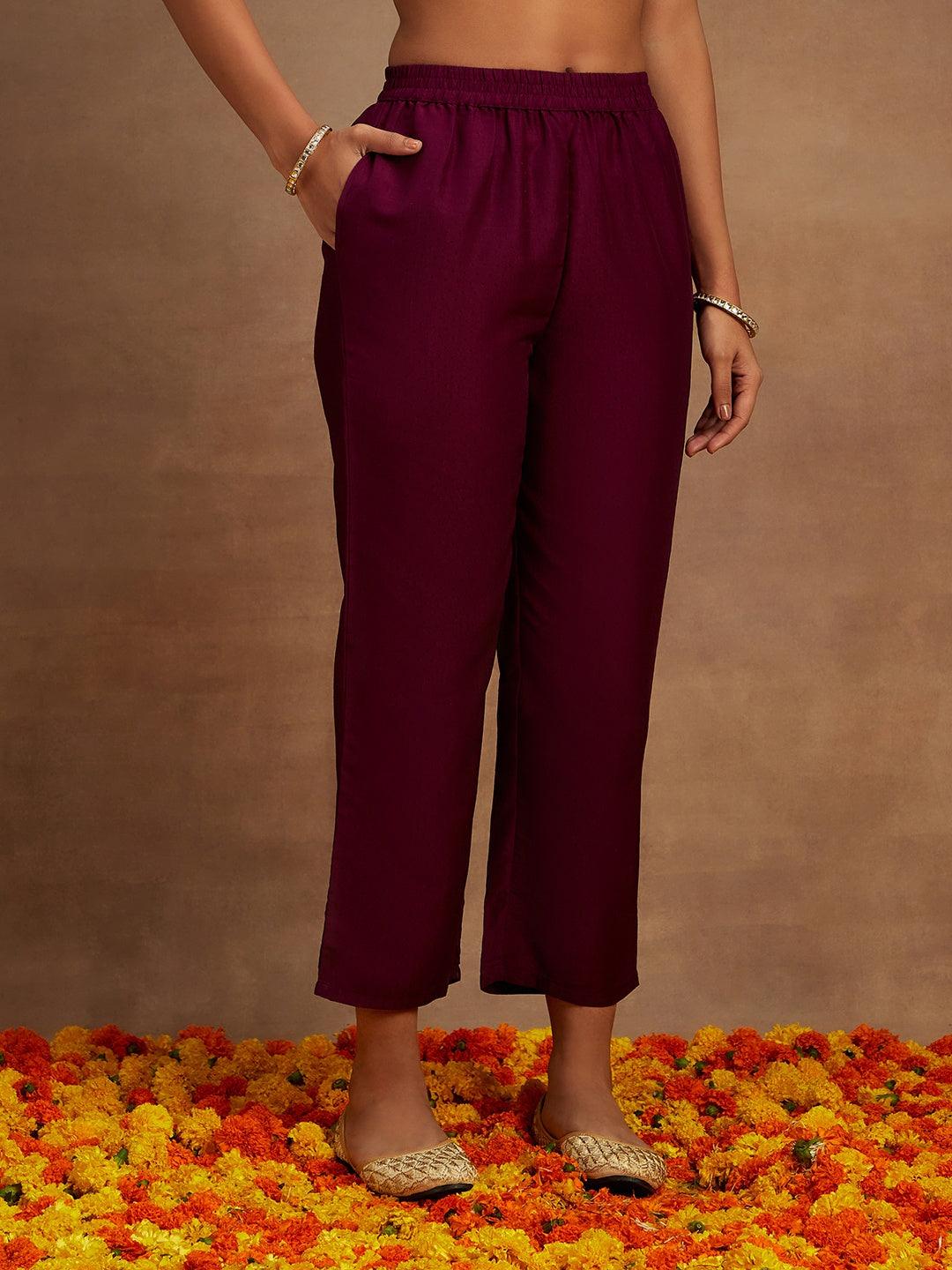 Purple Yoke Design Silk Blend Straight Kurta With Palazzos & Dupatta - ShopLibas 