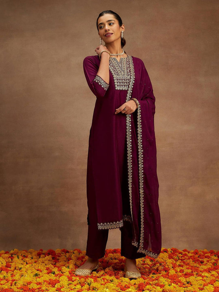 Purple Yoke Design Silk Blend Straight Suit With Dupatta