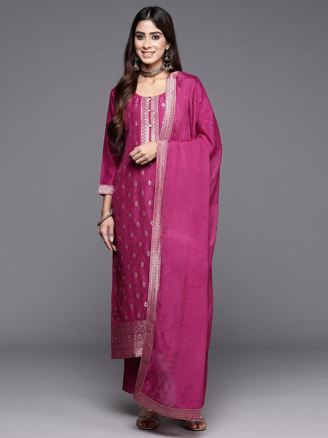Maroon Woven Design Silk Blend Straight Kurta With Trousers & Dupatta - ShopLibas