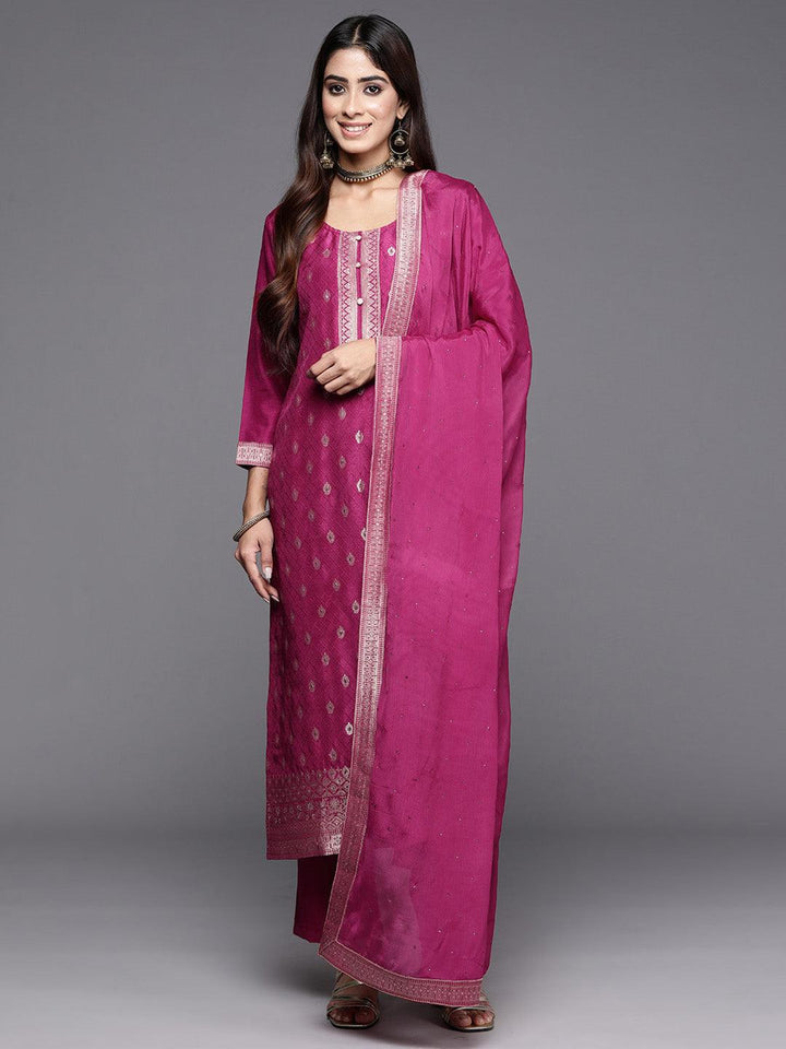 Maroon Woven Design Silk Blend Straight Kurta With Trousers & Dupatta - ShopLibas