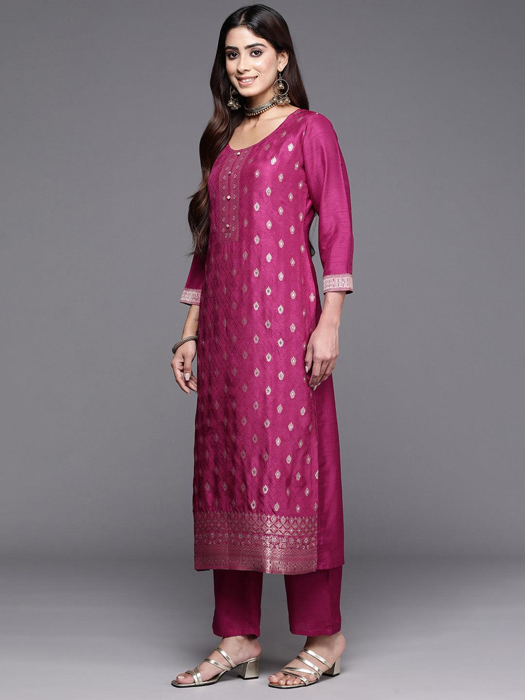 Maroon Woven Design Silk Blend Straight Kurta With Trousers & Dupatta - ShopLibas