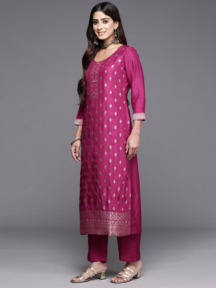Maroon Woven Design Silk Blend Straight Kurta With Trousers & Dupatta - ShopLibas
