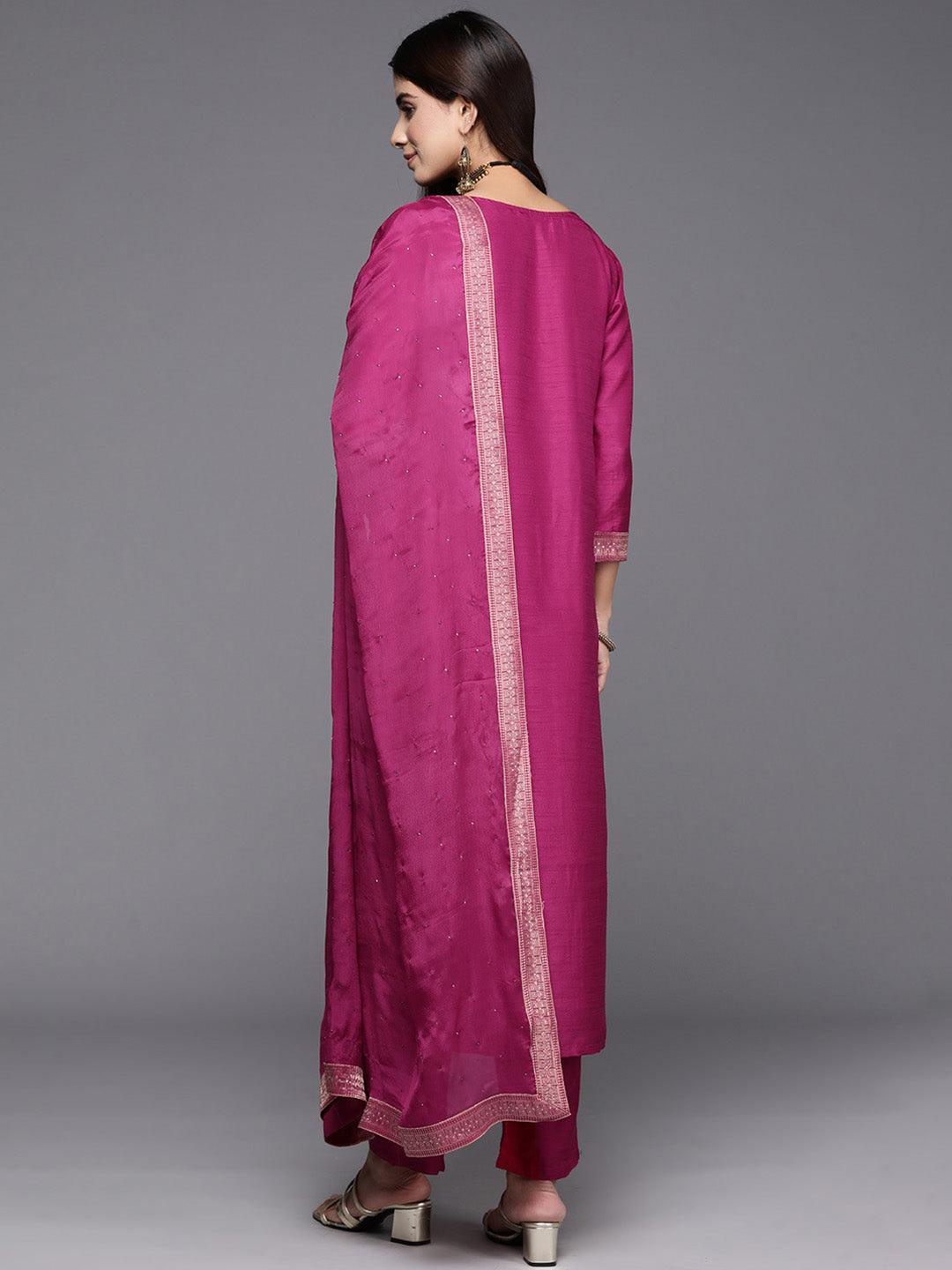 Maroon Woven Design Silk Blend Straight Kurta With Trousers & Dupatta - ShopLibas
