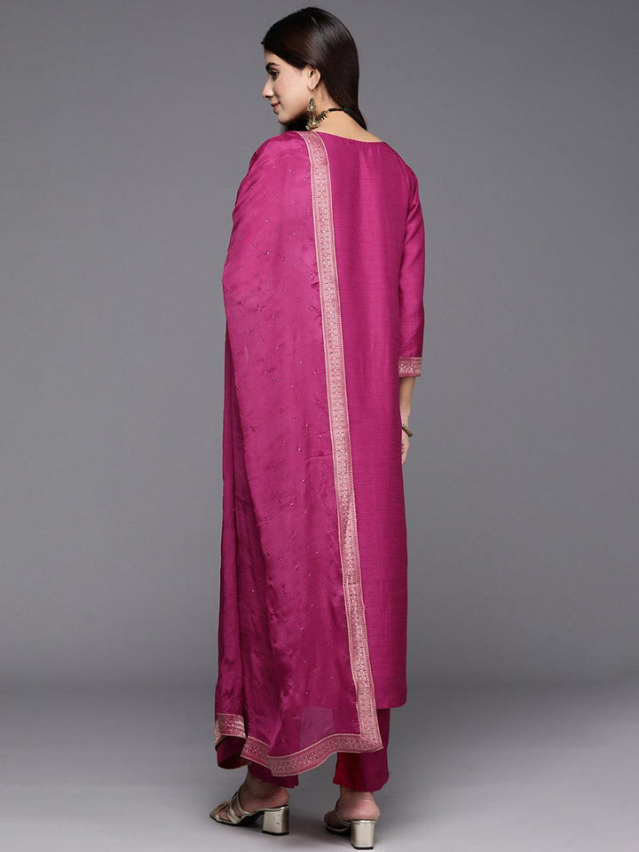Maroon Woven Design Silk Blend Straight Kurta With Trousers & Dupatta - ShopLibas