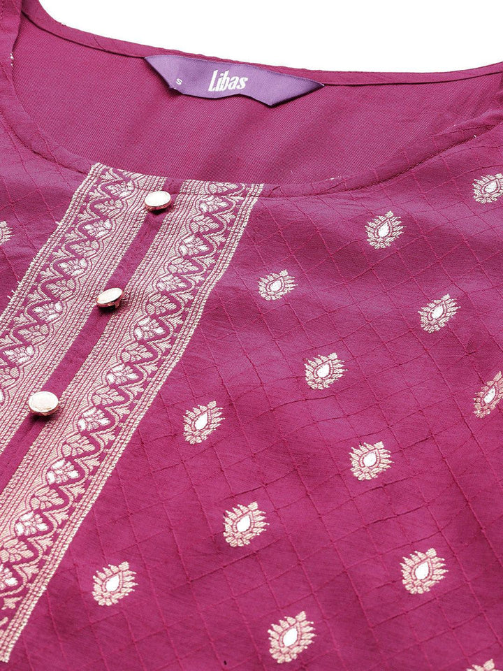 Maroon Woven Design Silk Blend Straight Kurta With Trousers & Dupatta - ShopLibas