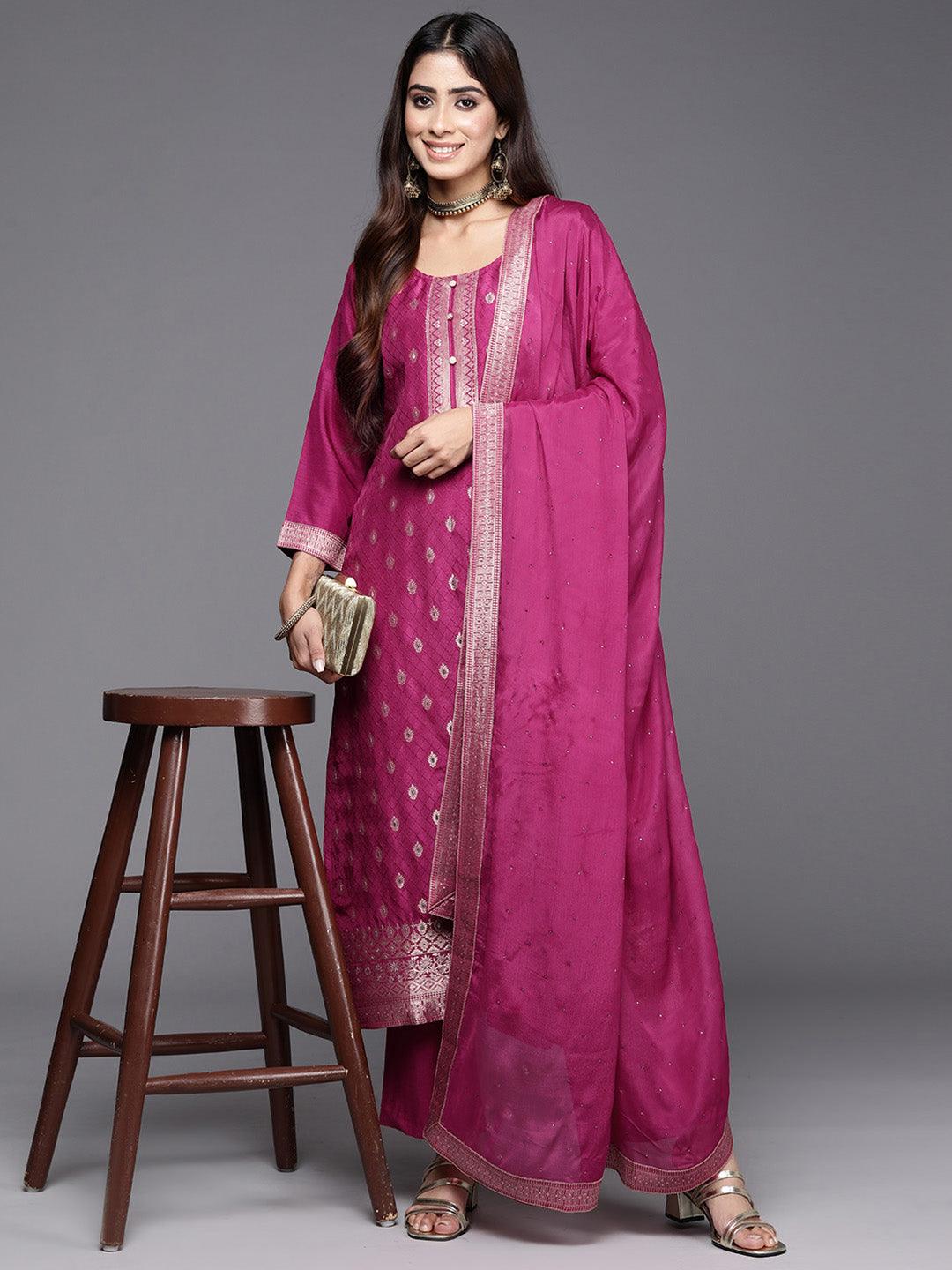 Maroon Woven Design Silk Blend Straight Kurta With Trousers & Dupatta - ShopLibas