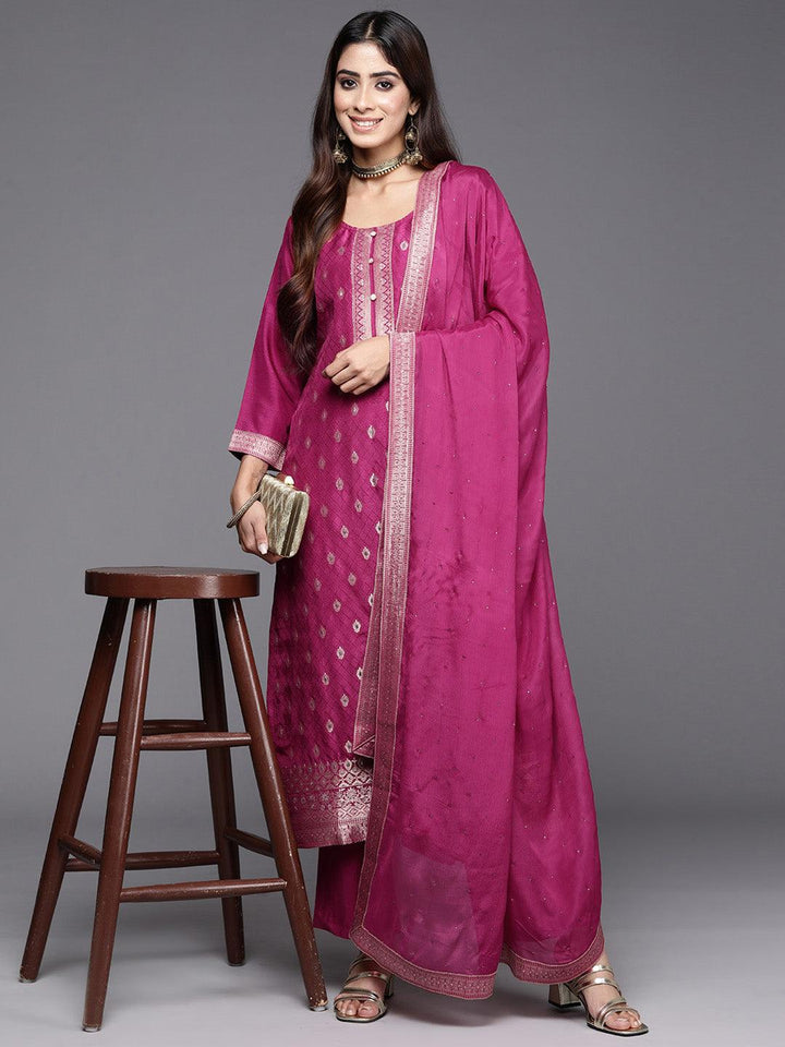 Maroon Woven Design Silk Blend Straight Kurta With Trousers & Dupatta - ShopLibas