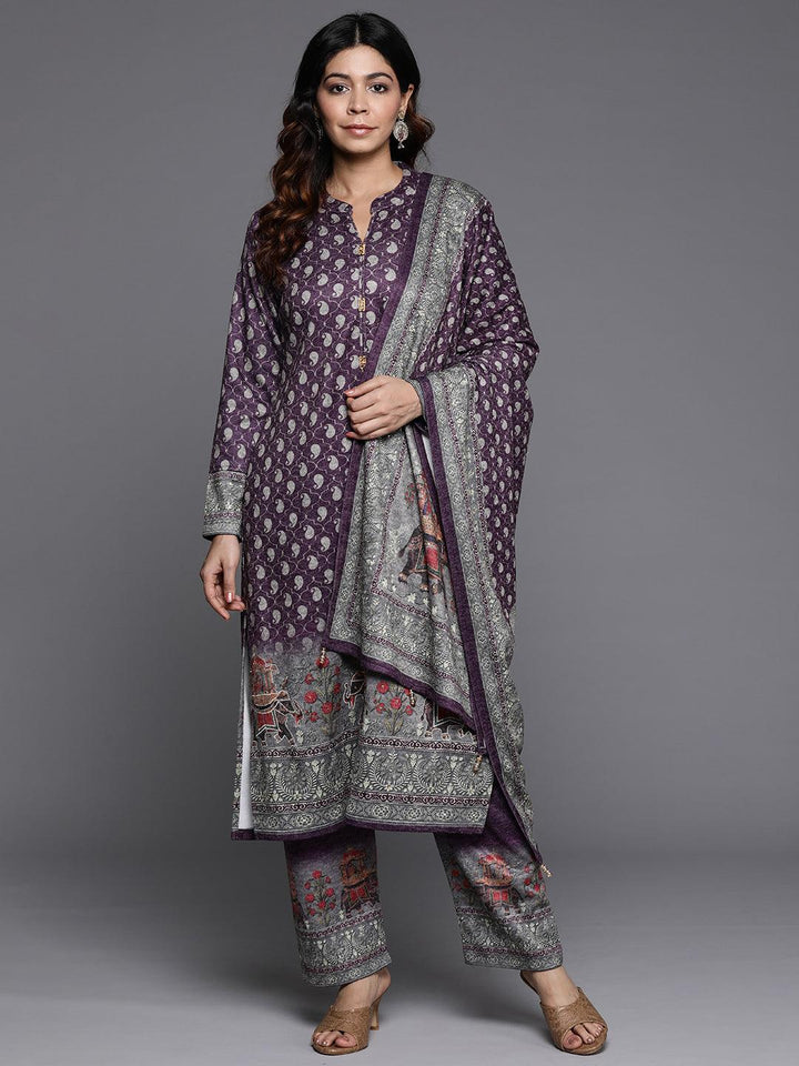 Purple Printed Wool Blend Straight Suit With Dupatta
