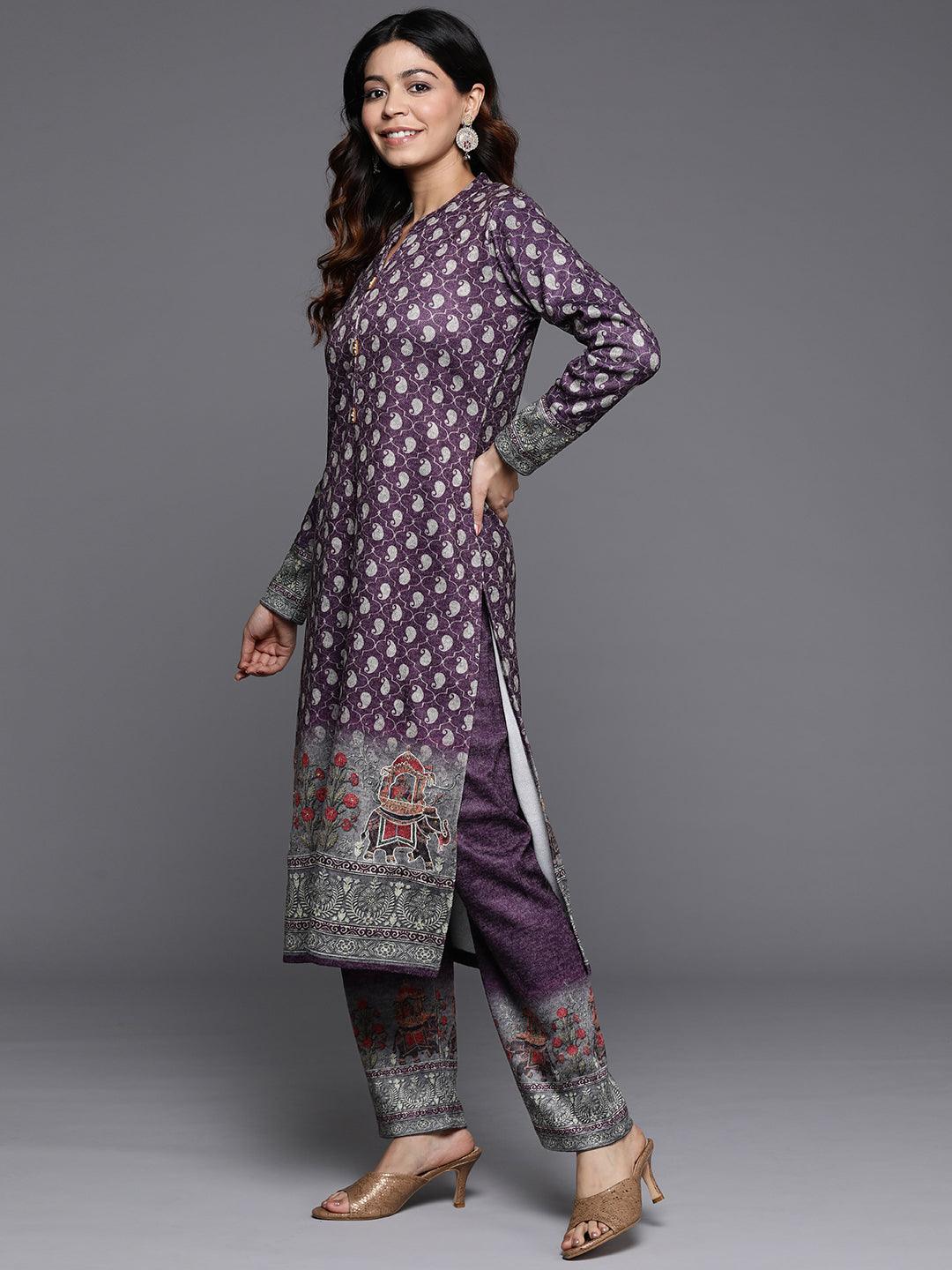 Purple Printed Wool Blend Straight Kurta With Palazzos & Dupatta - ShopLibas 