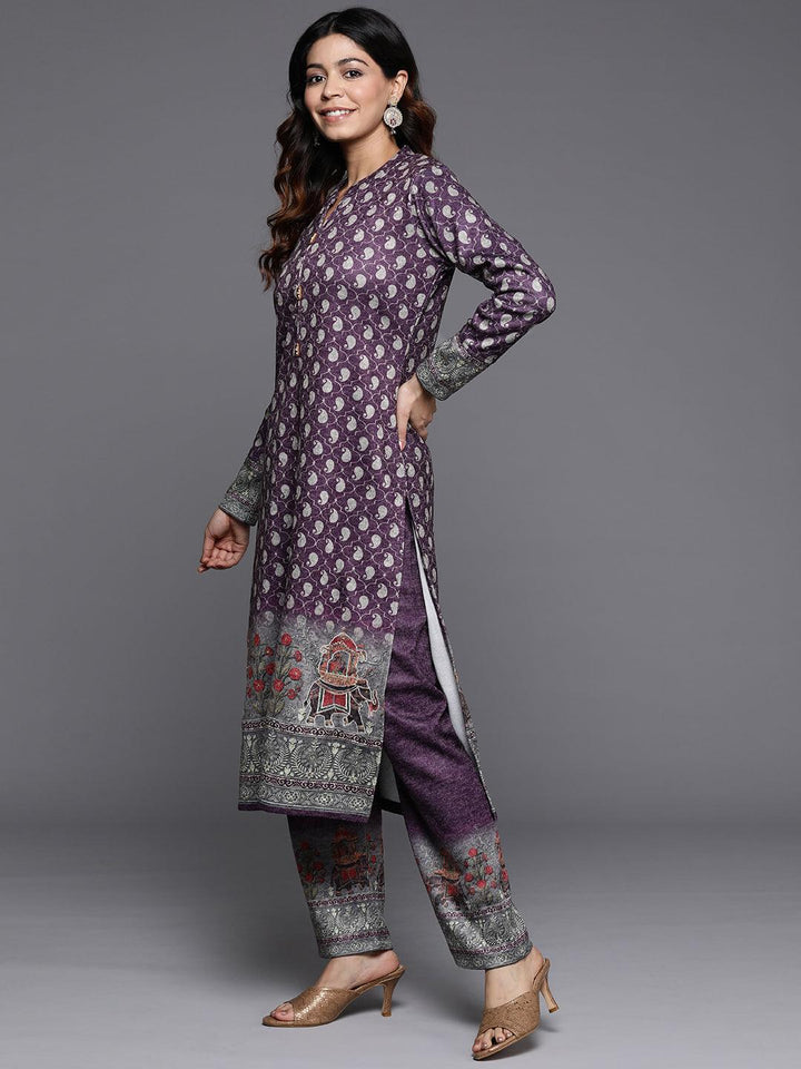 Purple Printed Wool Blend Straight Suit With Dupatta