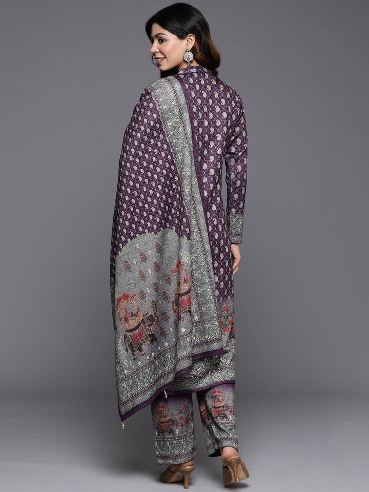 Purple Printed Wool Blend Straight Suit With Dupatta