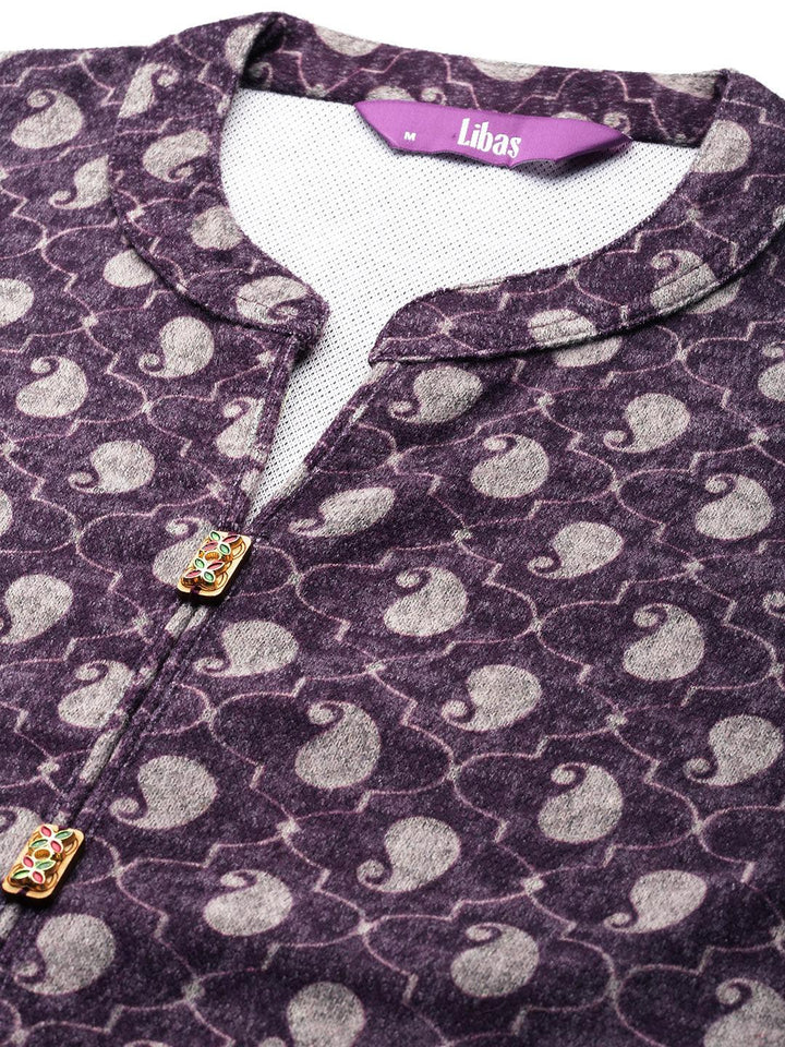 Purple Printed Wool Blend Straight Suit With Dupatta