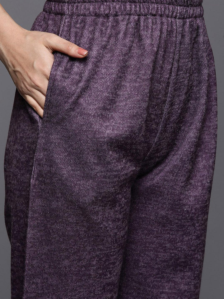 Purple Printed Wool Blend Straight Suit With Dupatta