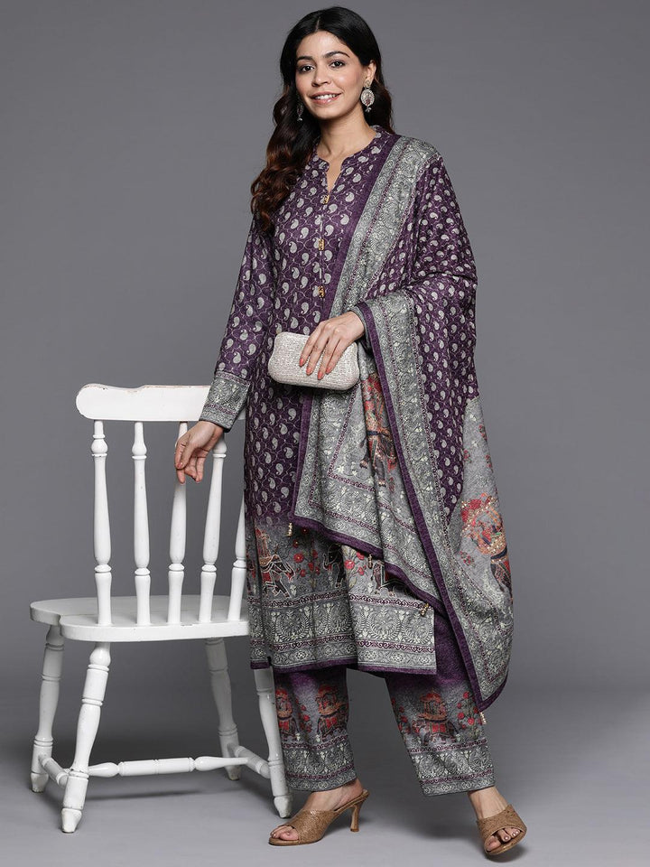 Purple Printed Wool Blend Straight Suit With Dupatta