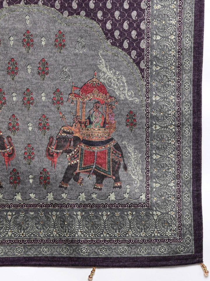 Purple Printed Wool Blend Straight Suit With Dupatta