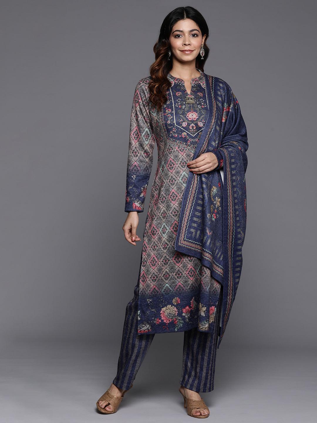 Multi Printed Wool Blend Straight Kurta With Palazzos & Dupatta - ShopLibas 