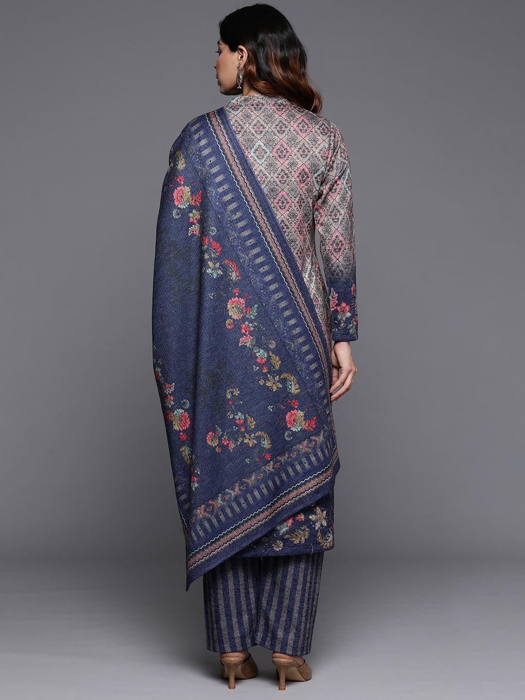 Multi Printed Wool Blend Straight Kurta With Palazzos & Dupatta - ShopLibas 