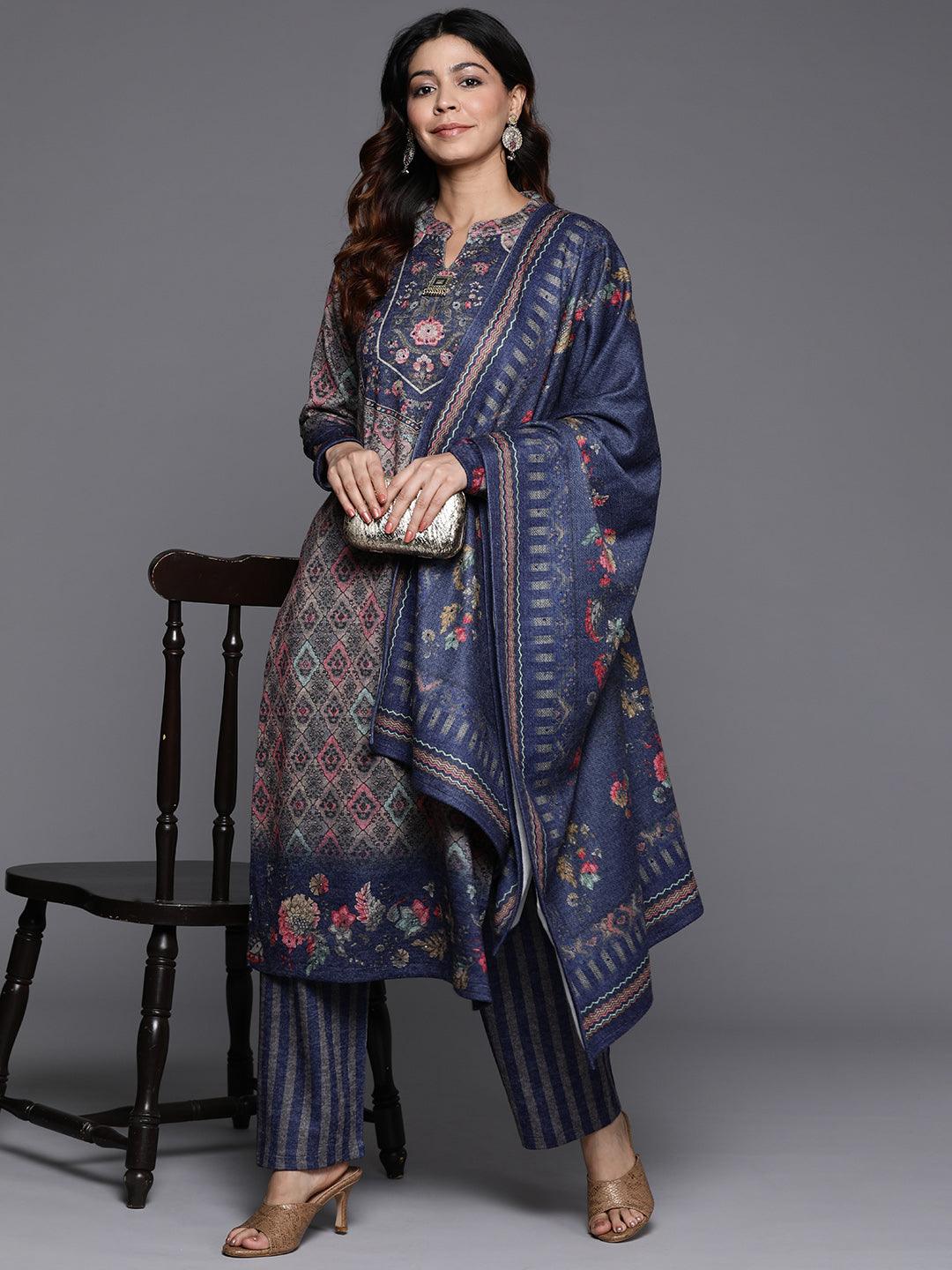 Multi Printed Wool Blend Straight Kurta With Palazzos & Dupatta - ShopLibas 