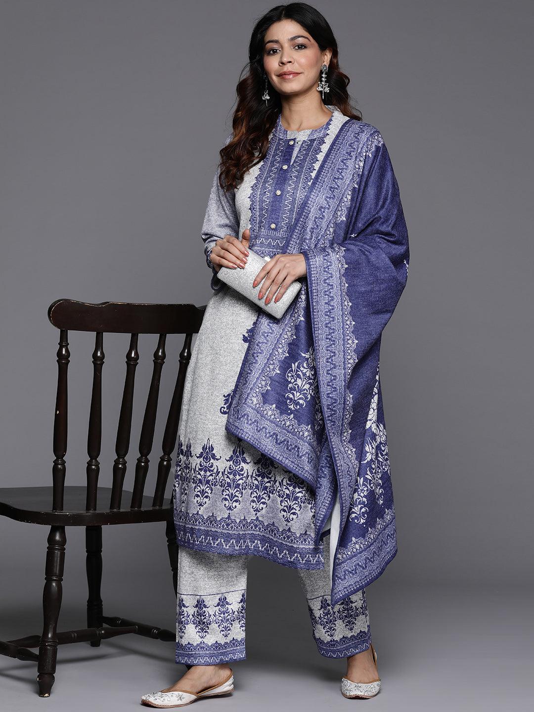 Grey Printed Wool Blend Straight Kurta With Palazzos & Dupatta - ShopLibas 