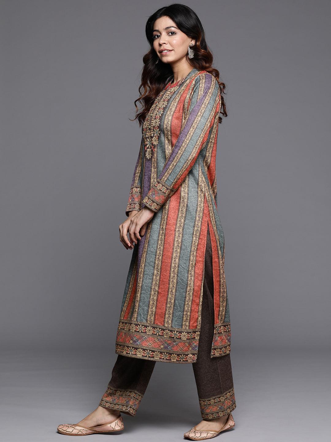 Multi Printed Wool Blend Straight Kurta With Palazzos & Dupatta - ShopLibas 