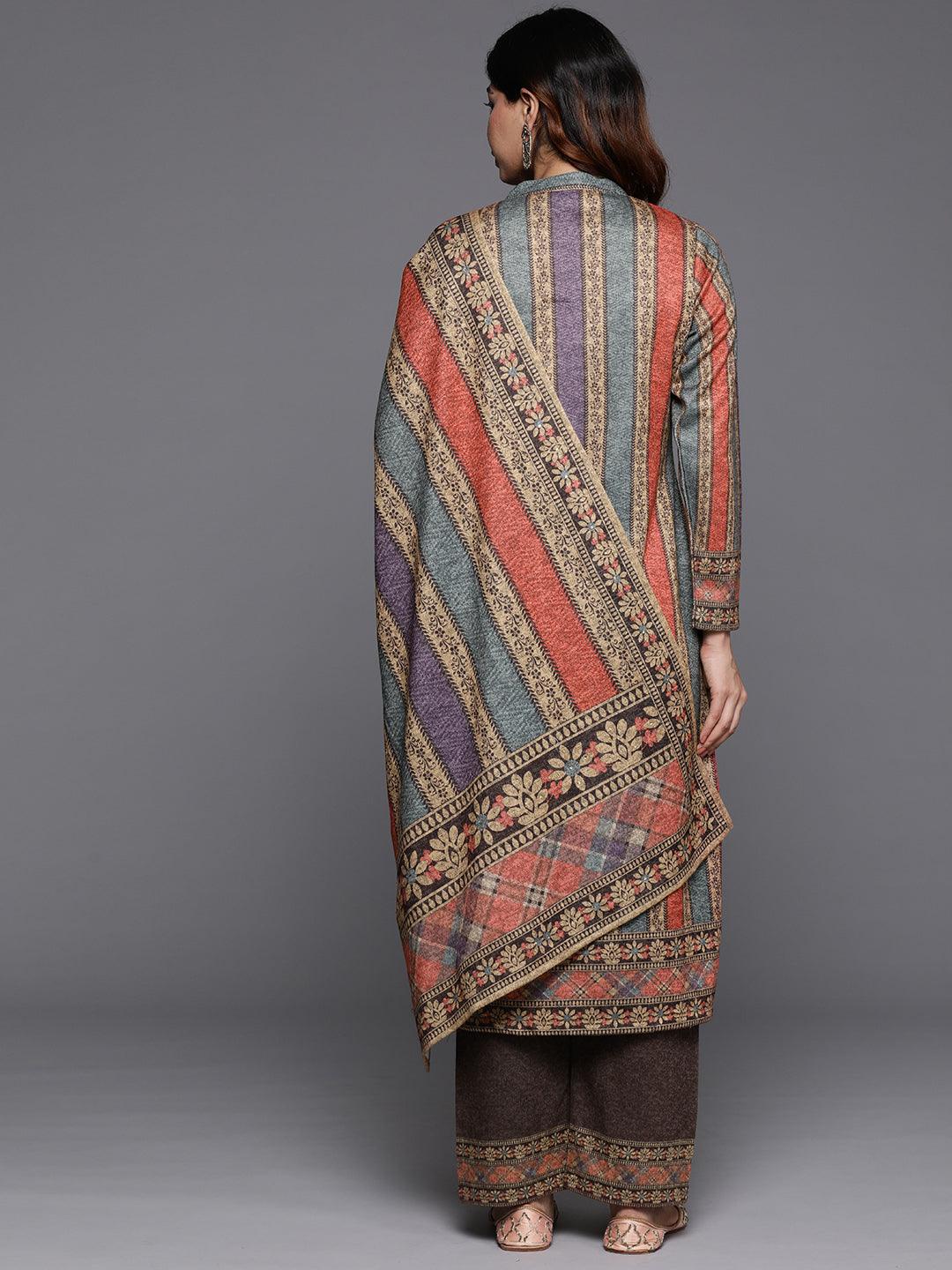 Multi Printed Wool Blend Straight Kurta With Palazzos & Dupatta - ShopLibas 