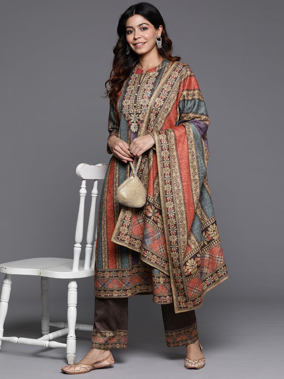 Multi Printed Wool Blend Straight Kurta With Palazzos & Dupatta - ShopLibas 