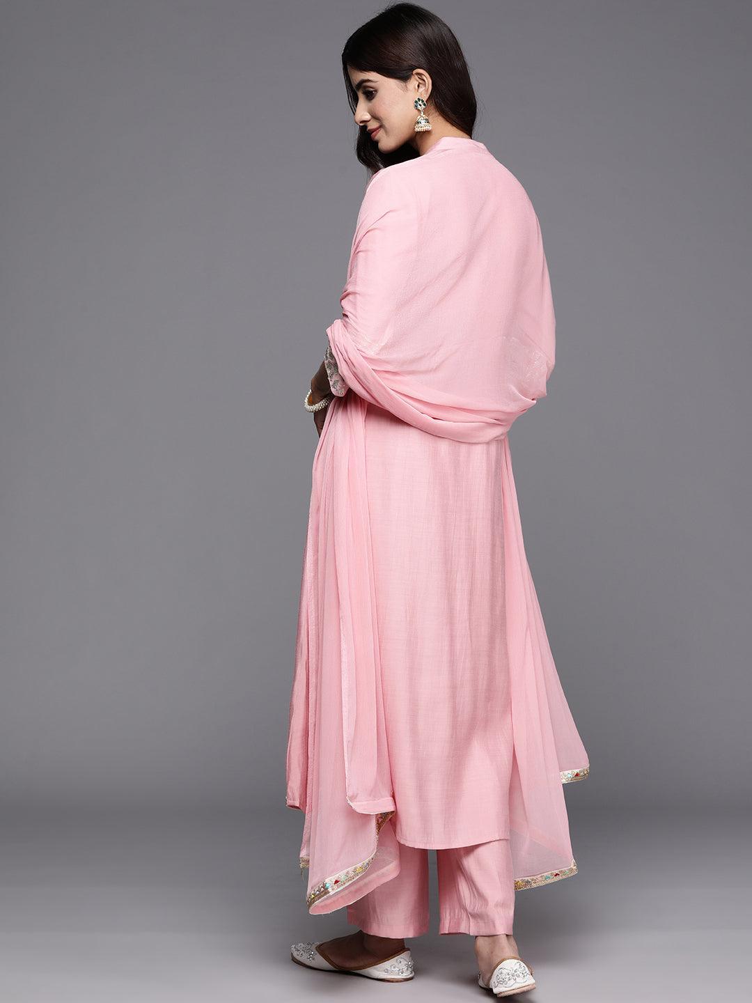 Pink Solid Silk Blend A-Line Kurta With Trousers & Dupatta - ShopLibas