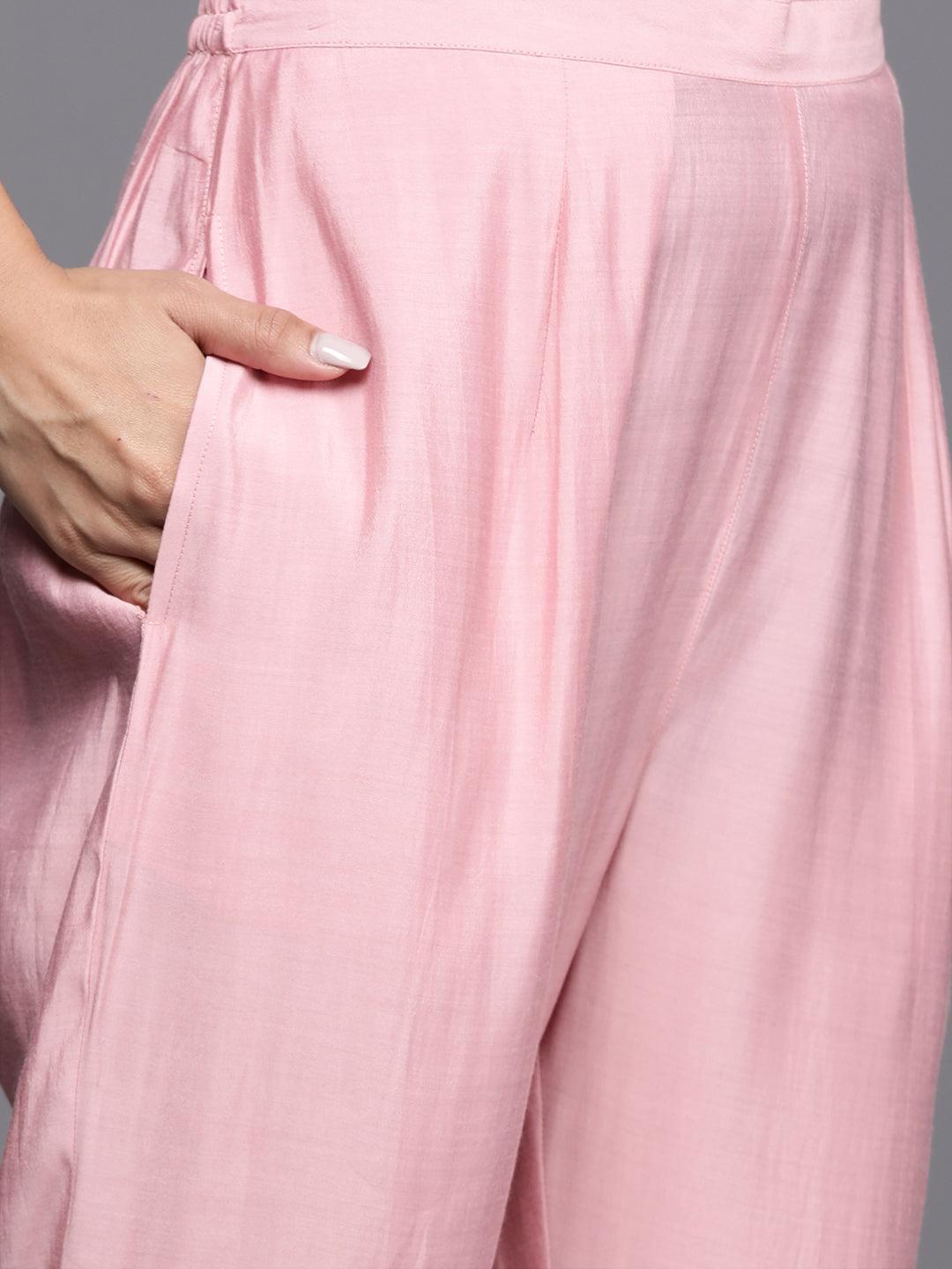 Pink Solid Silk Blend A-Line Kurta With Trousers & Dupatta - ShopLibas