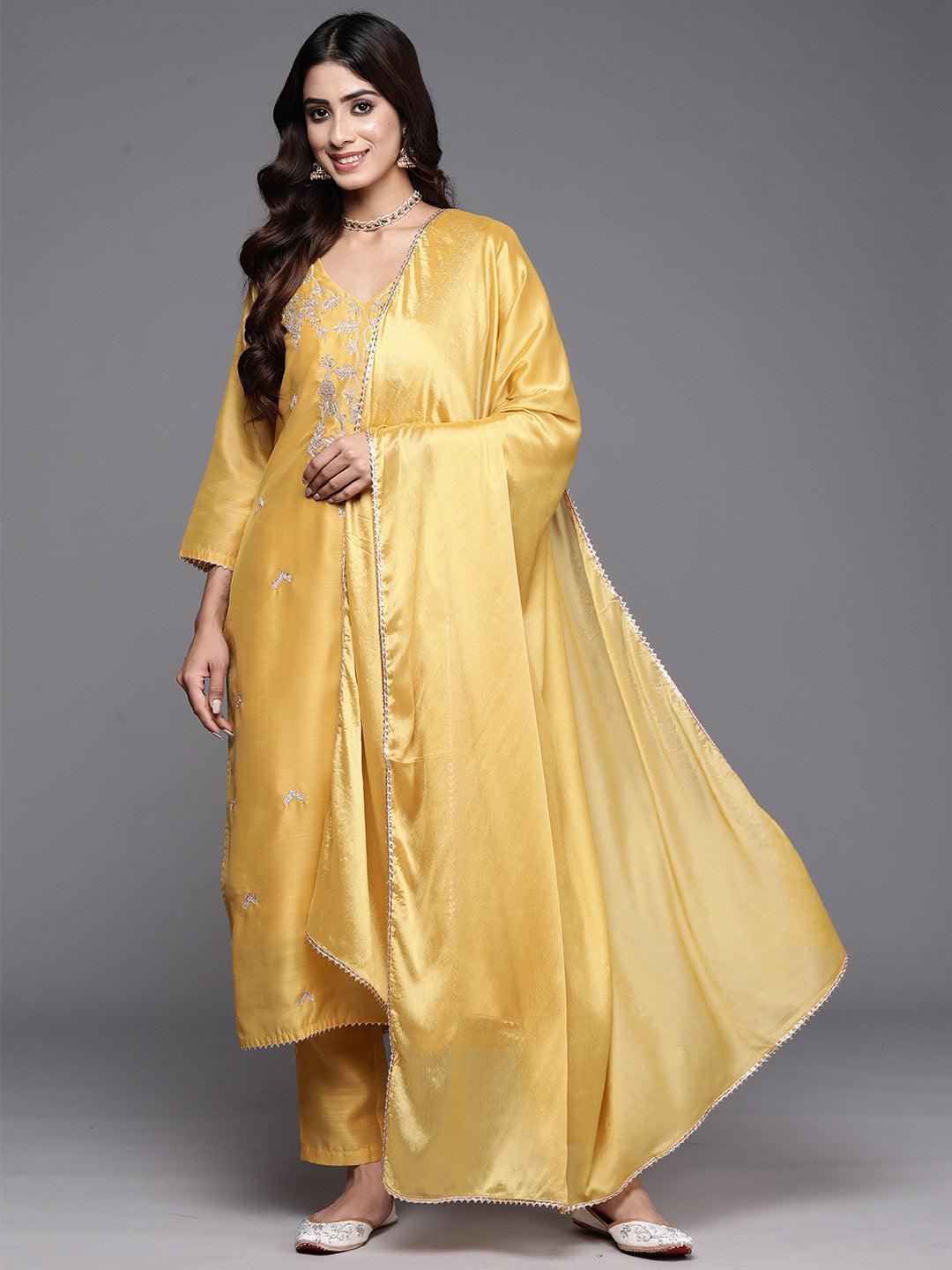 Yellow Embroidered Chanderi Silk Straight Kurta With Trousers & Dupatta - ShopLibas 