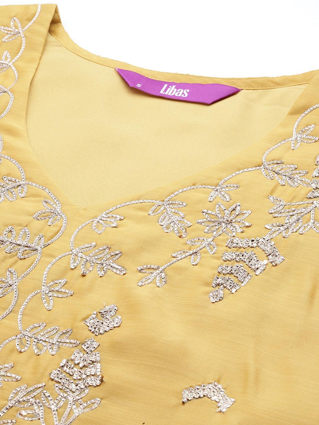 Yellow Embroidered Chanderi Silk Straight Kurta With Trousers & Dupatta - ShopLibas 