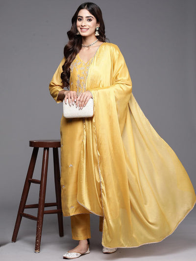 Yellow Embroidered Chanderi Silk Straight Kurta With Trousers & Dupatta - ShopLibas