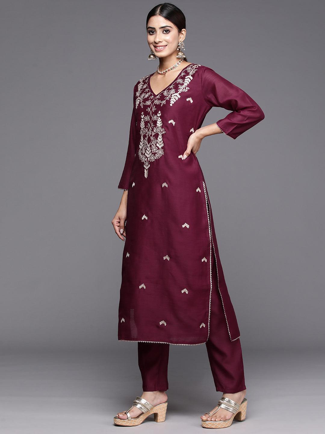 Wine Embroidered Chanderi Silk Straight Kurta With Trousers & Dupatta - ShopLibas 