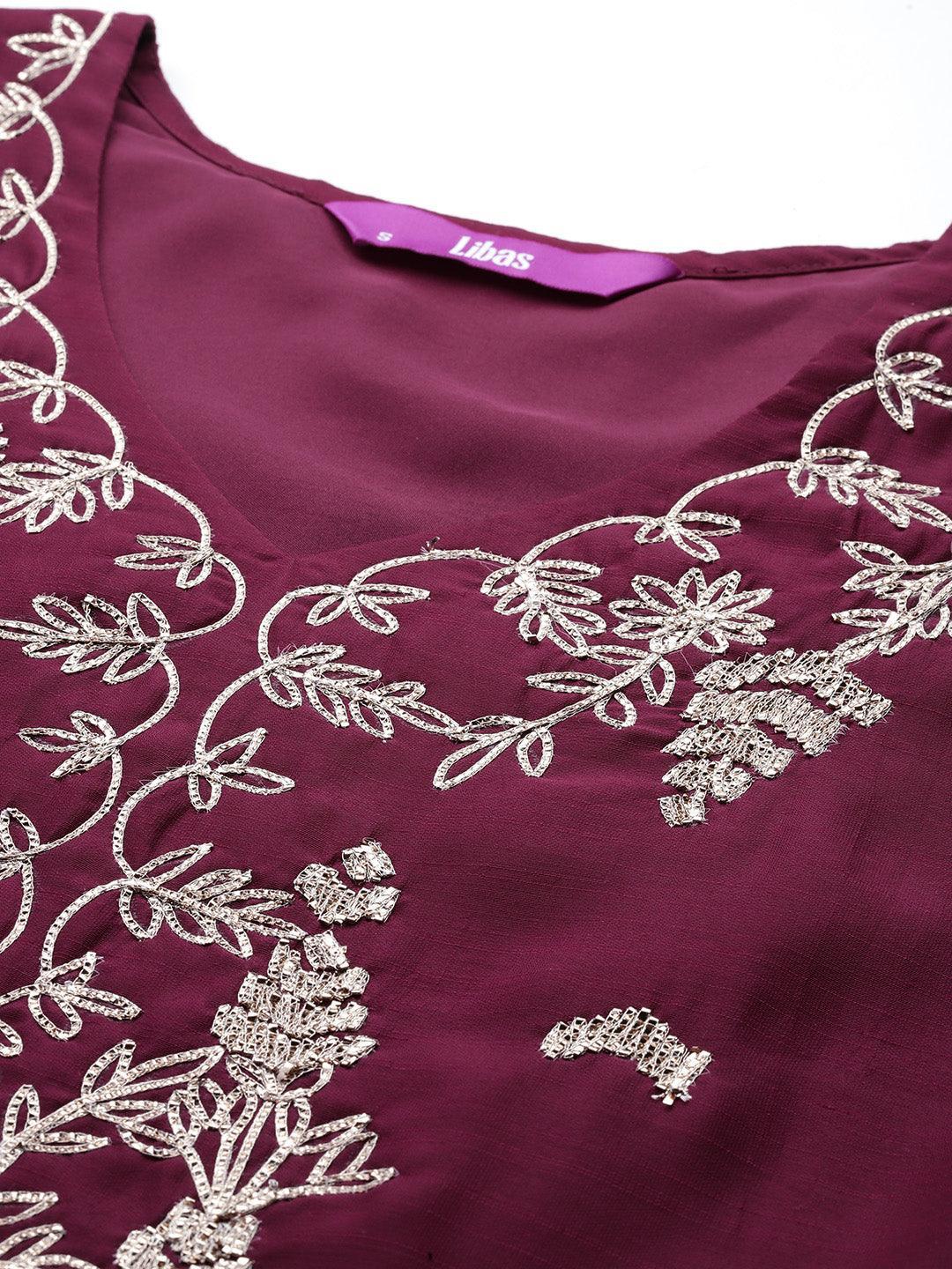 Wine Embroidered Chanderi Silk Straight Kurta With Trousers & Dupatta - ShopLibas 