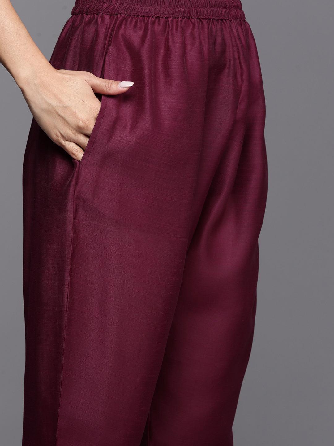 Wine Embroidered Chanderi Silk Straight Kurta With Trousers & Dupatta - ShopLibas 