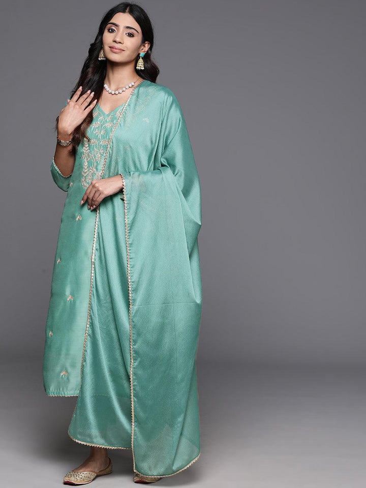 Green Embroidered Chanderi Silk Straight Suit With Dupatta