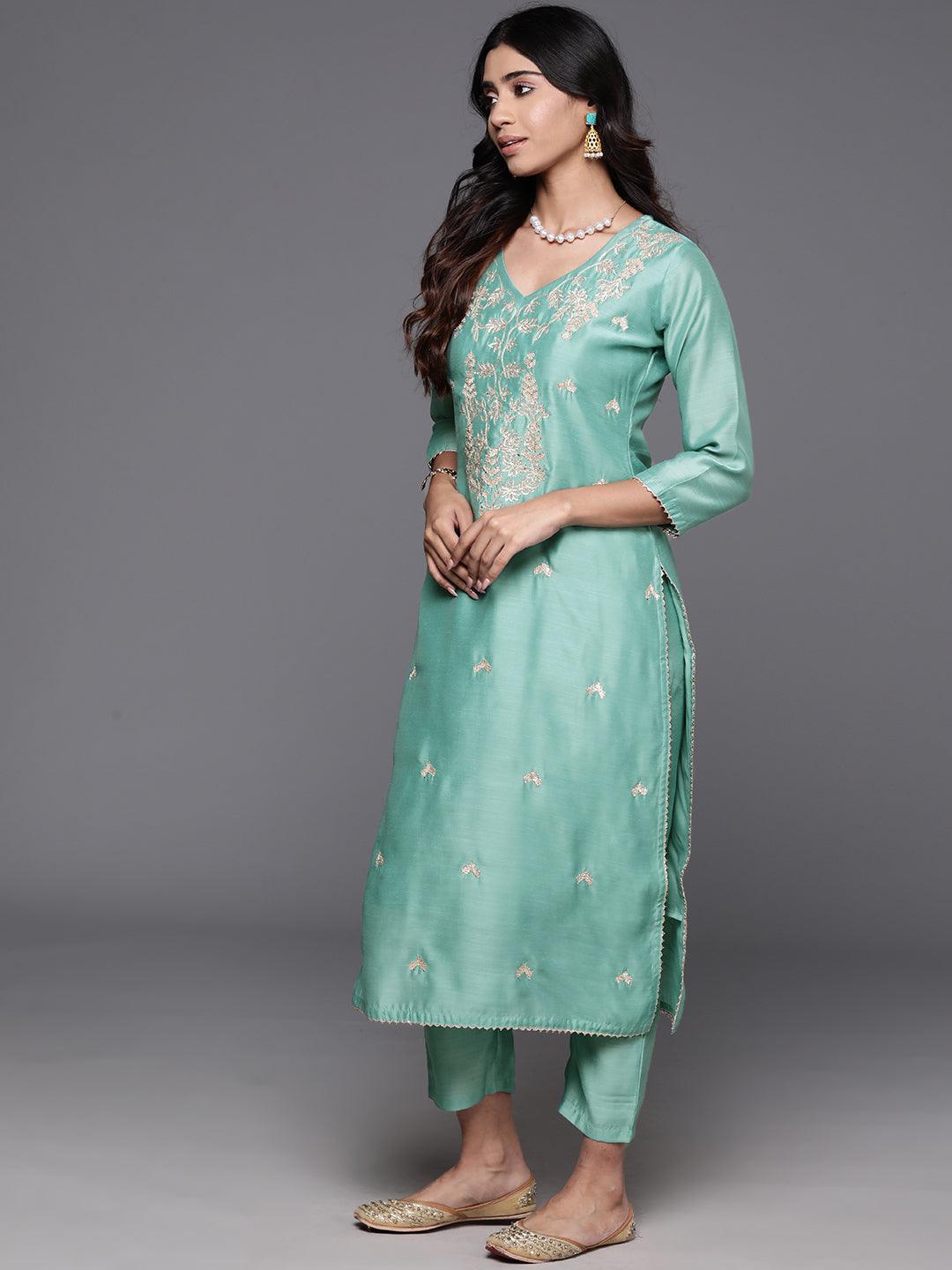 Sea Green Embroidered Chanderi Silk Straight Kurta With Trousers & Dupatta - ShopLibas 