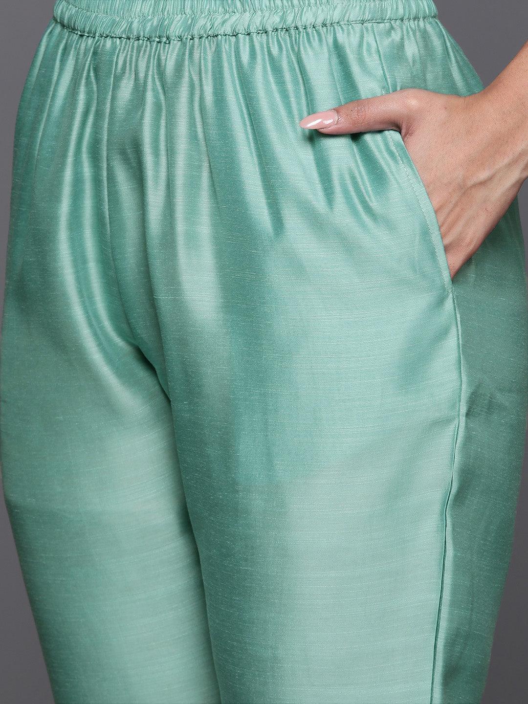 Sea Green Embroidered Chanderi Silk Straight Kurta With Trousers & Dupatta - ShopLibas 