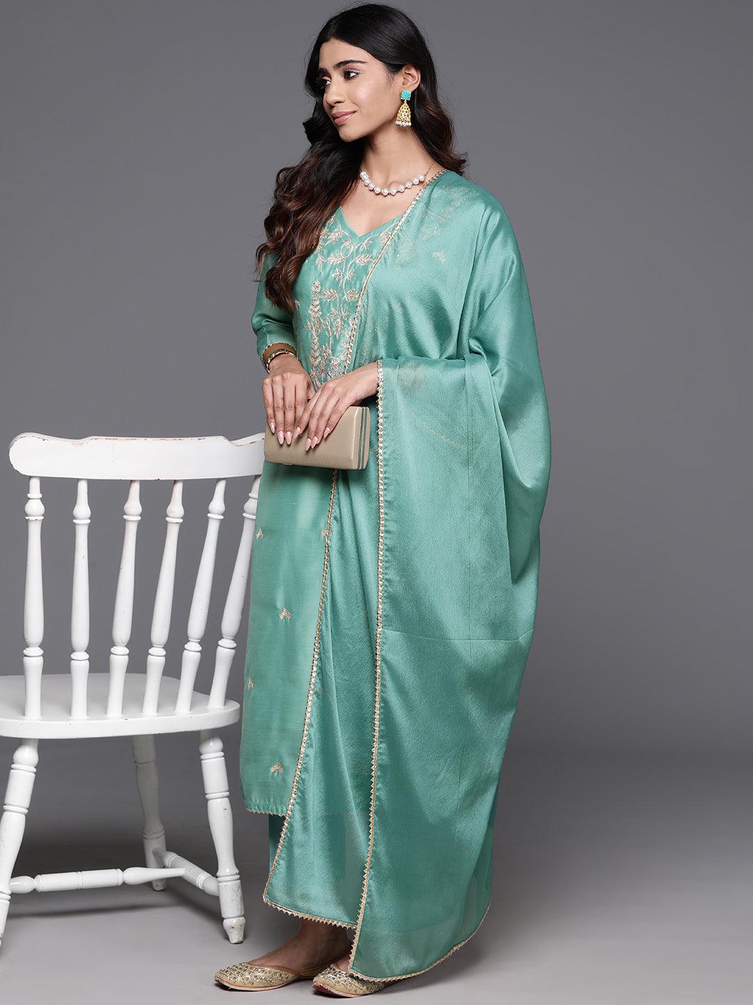 Sea Green Embroidered Chanderi Silk Straight Kurta With Trousers & Dupatta - ShopLibas 