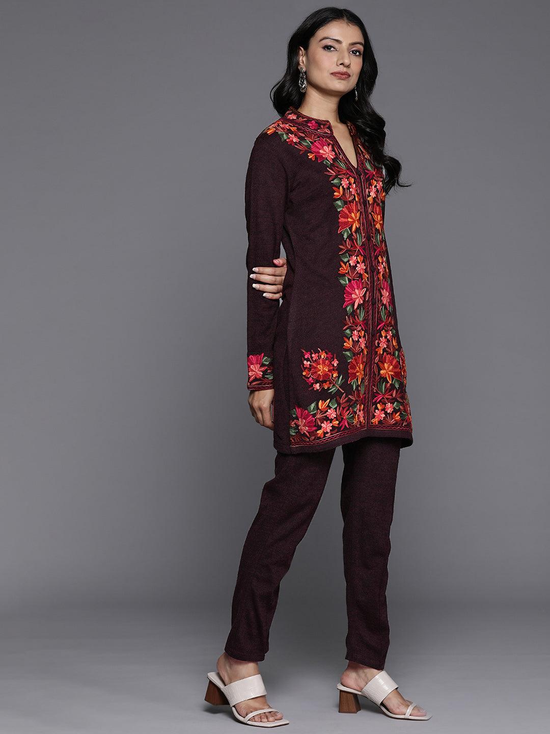 Wine Embroidered Wool Straight Kurta With Trousers - ShopLibas 
