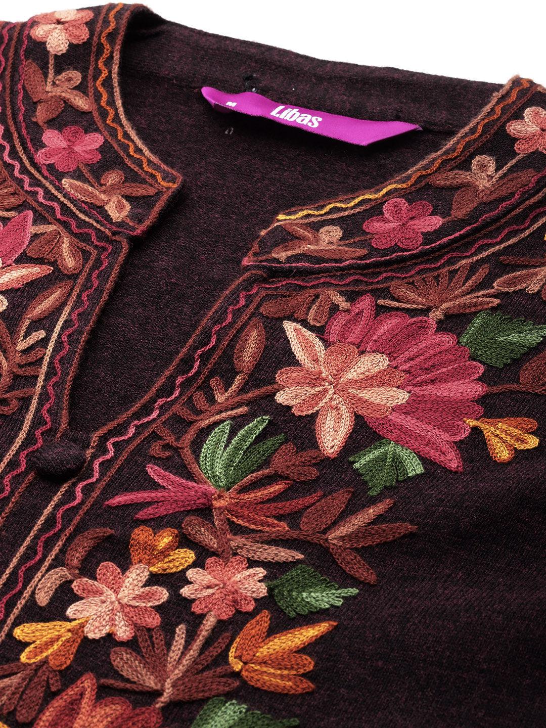 Wine Embroidered Wool Straight Kurta With Trousers - ShopLibas 