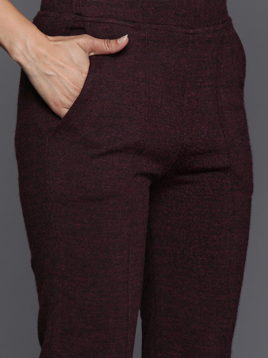 Wine Embroidered Wool Straight Kurta With Trousers - ShopLibas 