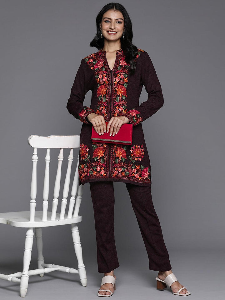 Wine Embroidered Wool Straight Kurta Set