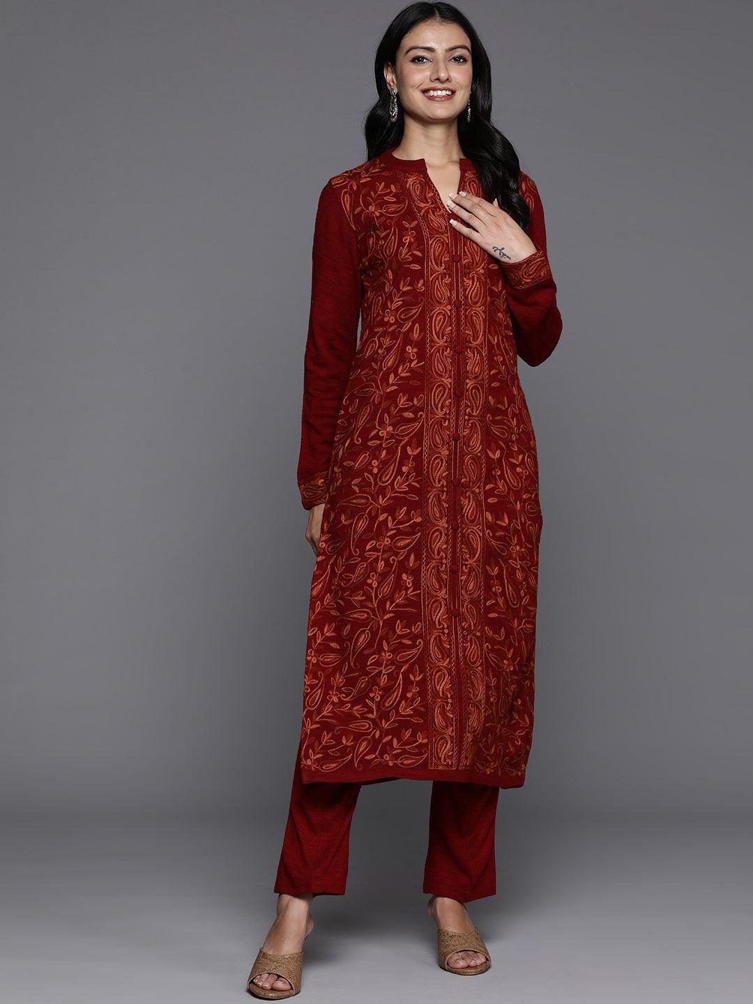 Red Embroidered Wool Straight Kurta With Trousers - ShopLibas 