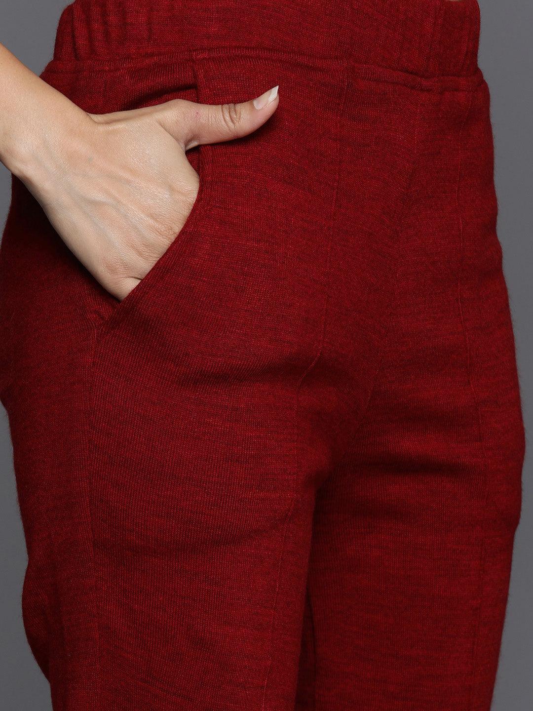 Red Embroidered Wool Straight Kurta With Trousers - ShopLibas 