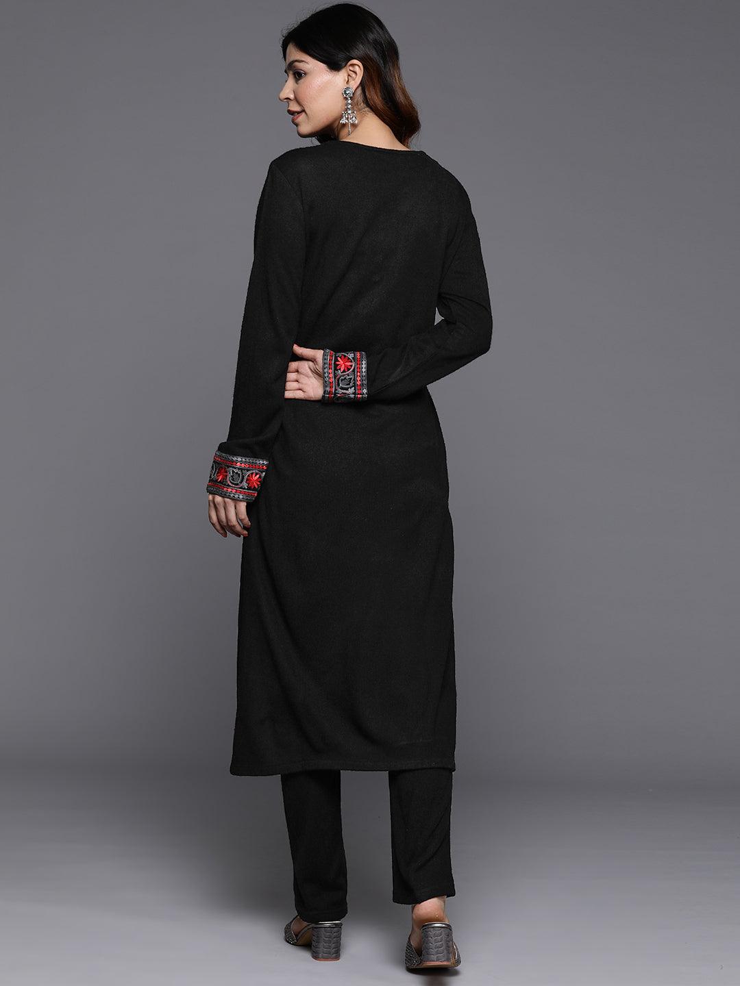 Black Embroidered Wool Straight Kurta With Trousers - ShopLibas 