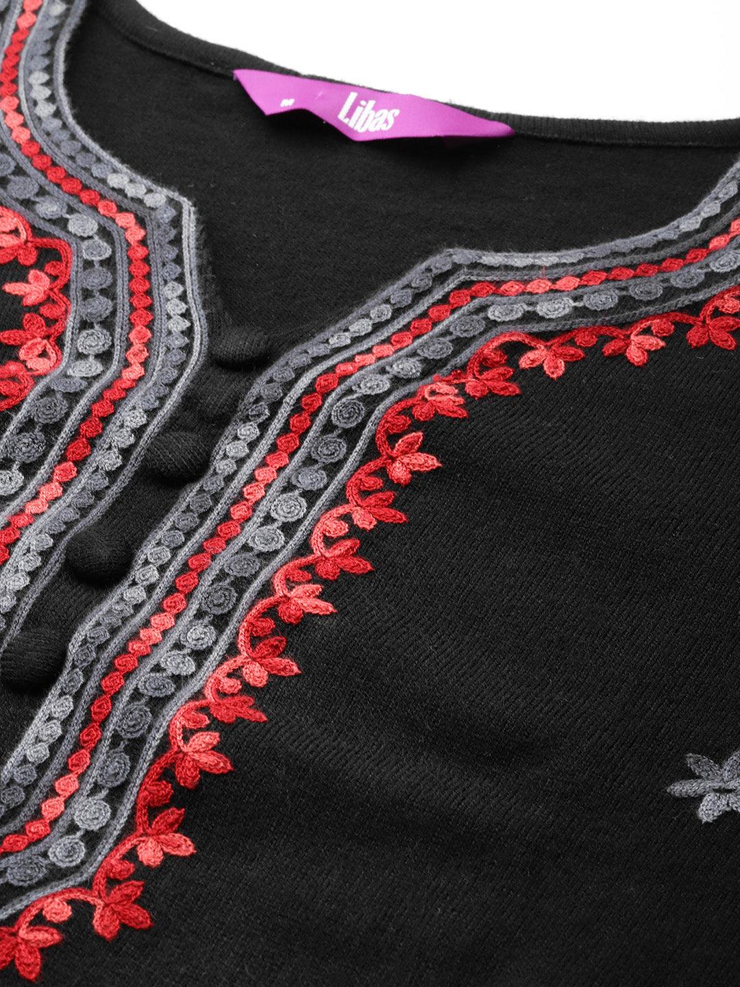 Black Embroidered Wool Straight Kurta With Trousers - ShopLibas 
