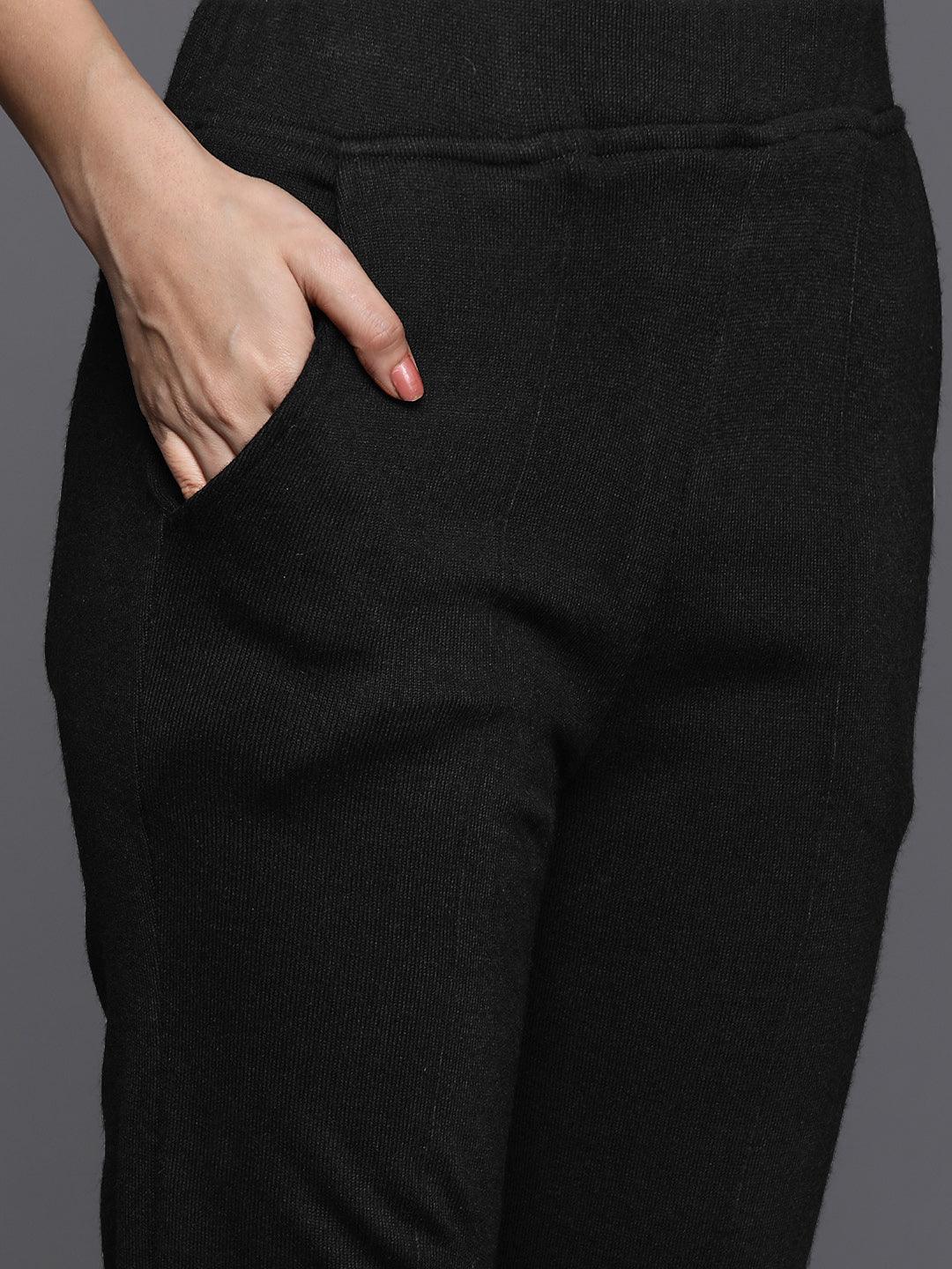 Black Embroidered Wool Straight Kurta With Trousers - ShopLibas 