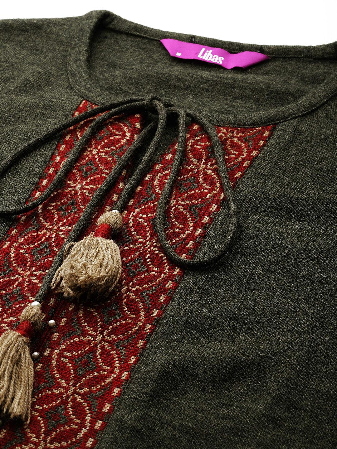 Olive Yoke Design Wool Straight Kurta With Trousers - ShopLibas 