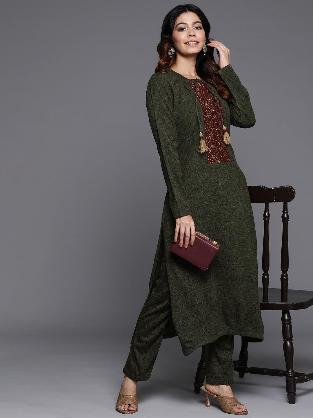 Olive Yoke Design Wool Straight Kurta With Trousers - ShopLibas 