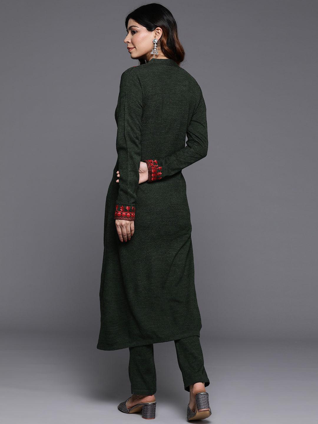 Green Embroidered Wool Straight Kurta With Trousers - ShopLibas 